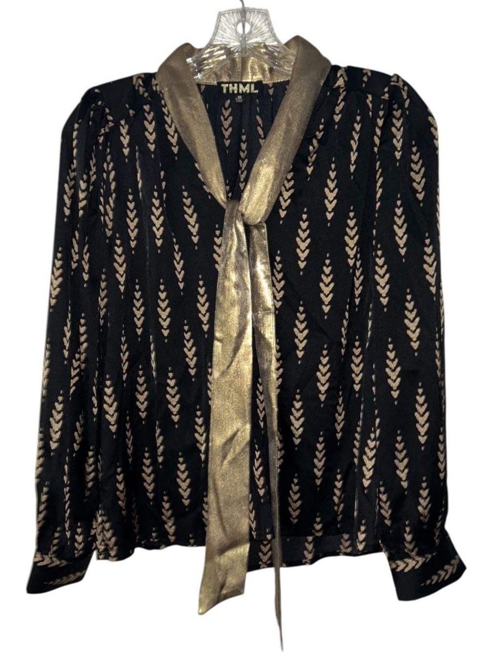 THML Anthro Finer Things Neck Tie Blouse Black Gold Long Sleeve Size XS nwot